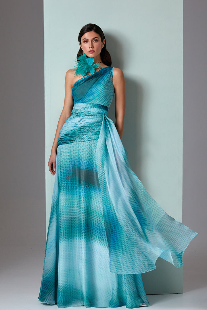 Chiffon A-Line One-Shoulder Dress Blue / FR 40