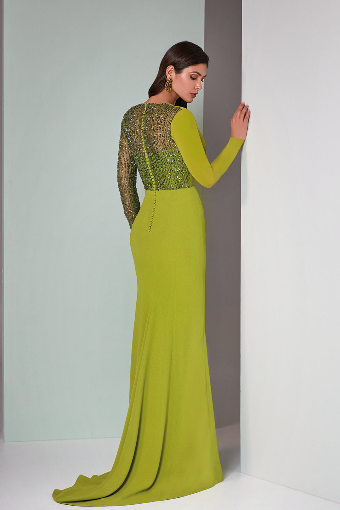 Long Crepe Column Dress Plunging Neckline