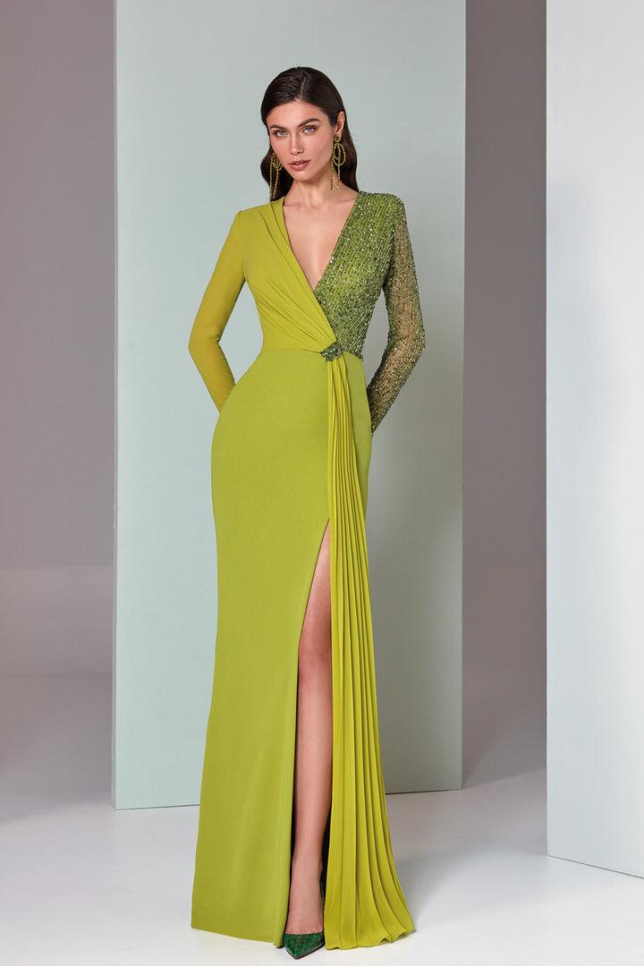 Long Crepe Column Dress Plunging Neckline