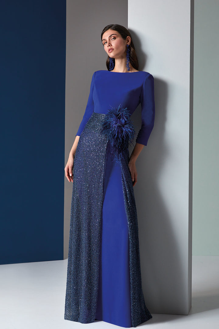 Column Crepe Dress Jewel Neckline Blue / FR 50 Column Crepe Dress Jewel Neckline Blue / FR 50