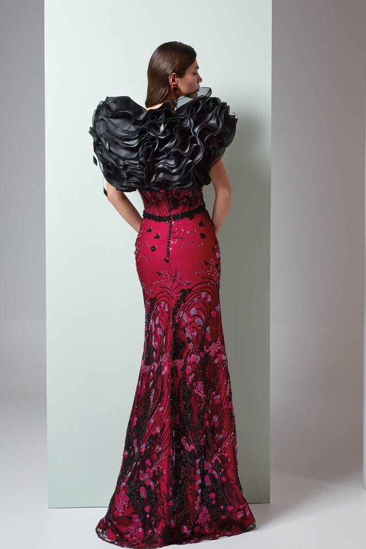 Mermaid Dress Open Neckline And Puff Sleeves