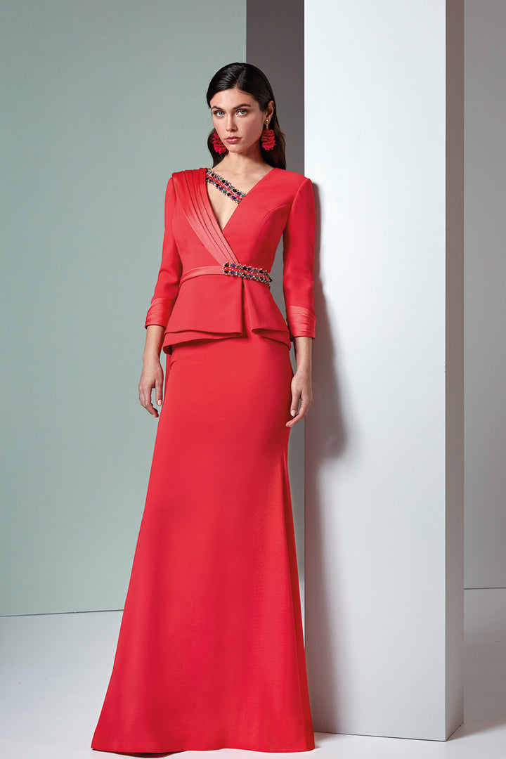 Column Dress V-Neckline And Long Sleeves