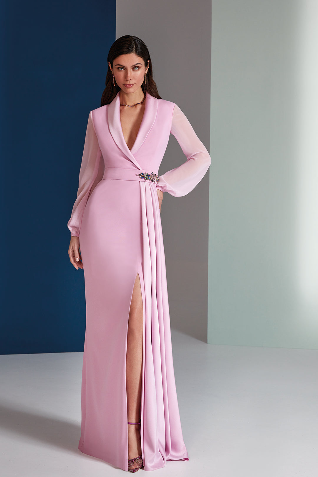 Crepe and Chiffon Dress with Draped Waist and Decorative Adornment Pink / FR 50 Crepe and Chiffon Dress with Draped Waist and Decorative Adornment Pink / FR 50