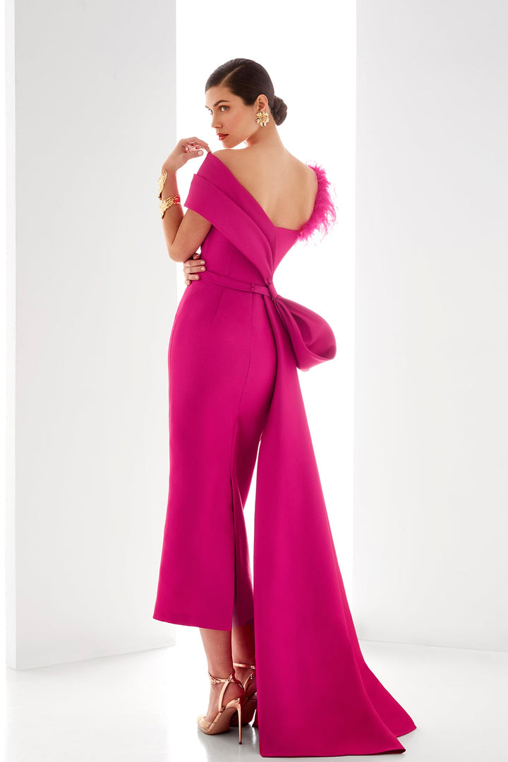 Fuchsia Draped Midi Dress with Feather Accent