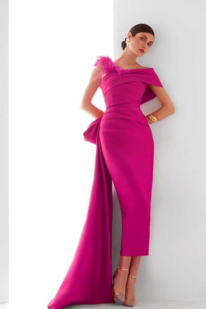 Fuchsia Draped Midi Dress with Feather Accent