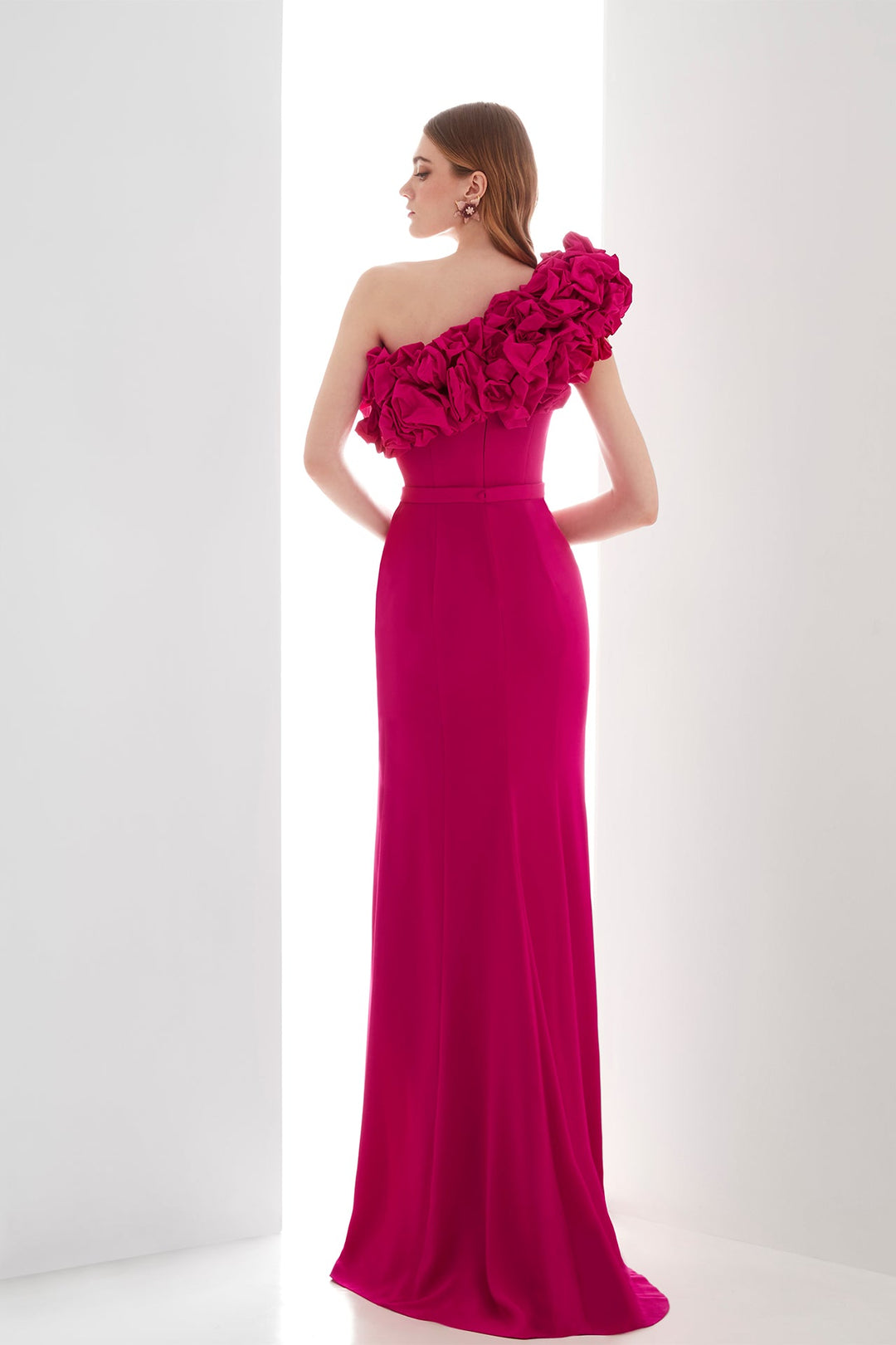 Pink One-Shoulder Dress with Floral Appliqué