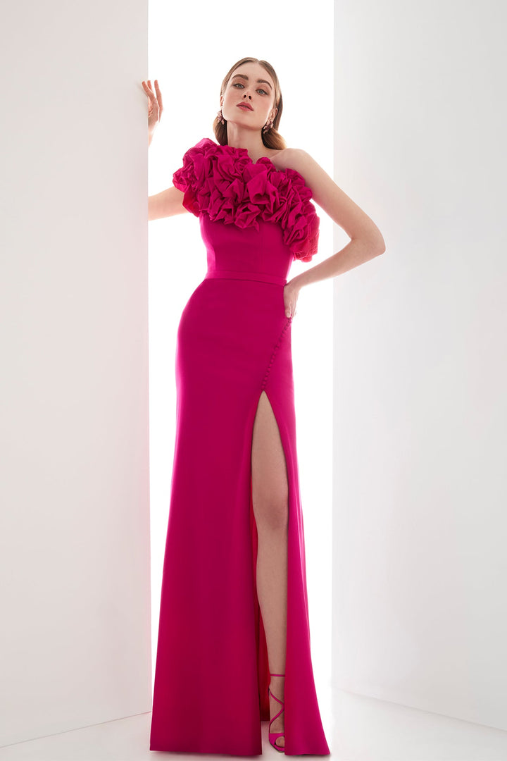 Pink One-Shoulder Dress with Floral Appliqué