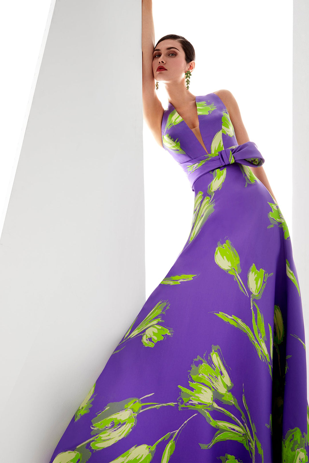 Plunging neckline printed mikado dress FR 52 / Purple Plunging neckline printed mikado dress FR 52 / Purple
