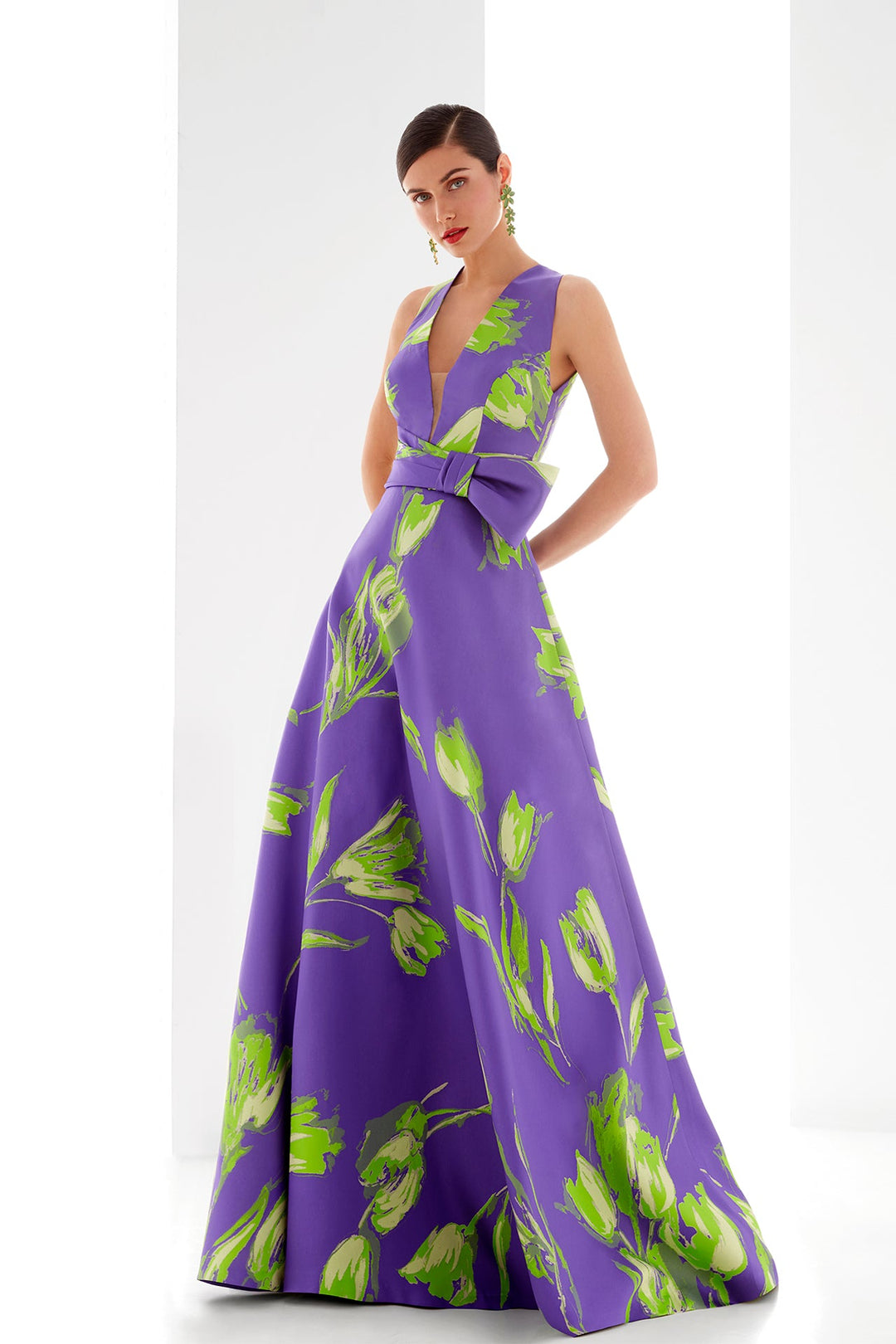 Plunging neckline printed mikado dress FR 52 / Purple Plunging neckline printed mikado dress FR 52 / Purple