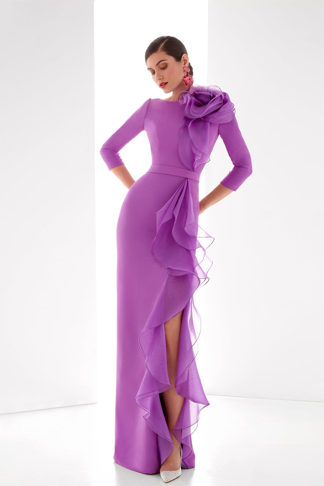 3/4 sleeves crepe dress with organza ruffles FR 42 / Purple 3/4 sleeves crepe dress with organza ruffles FR 42 / Purple