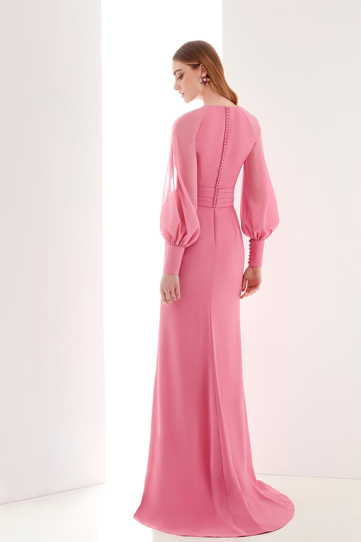 Pink Long-Sleeve Evening Dress