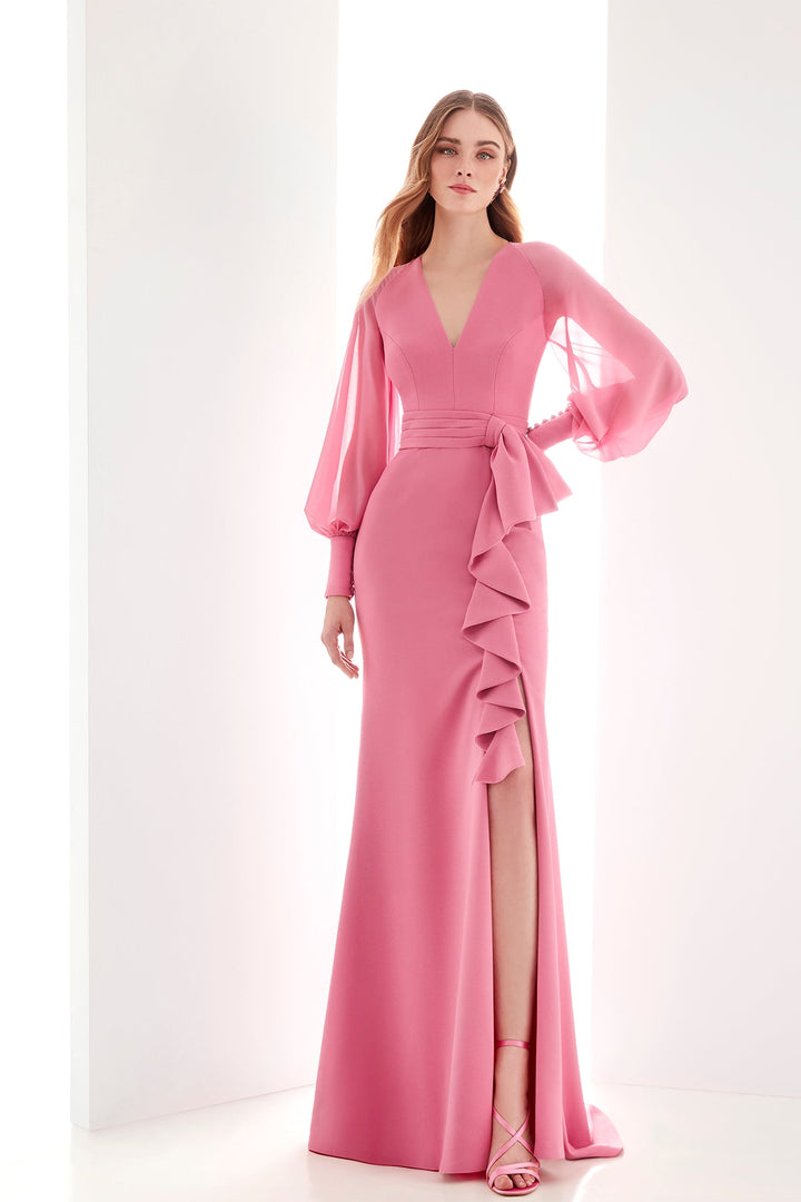 Pink Long-Sleeve Evening Dress