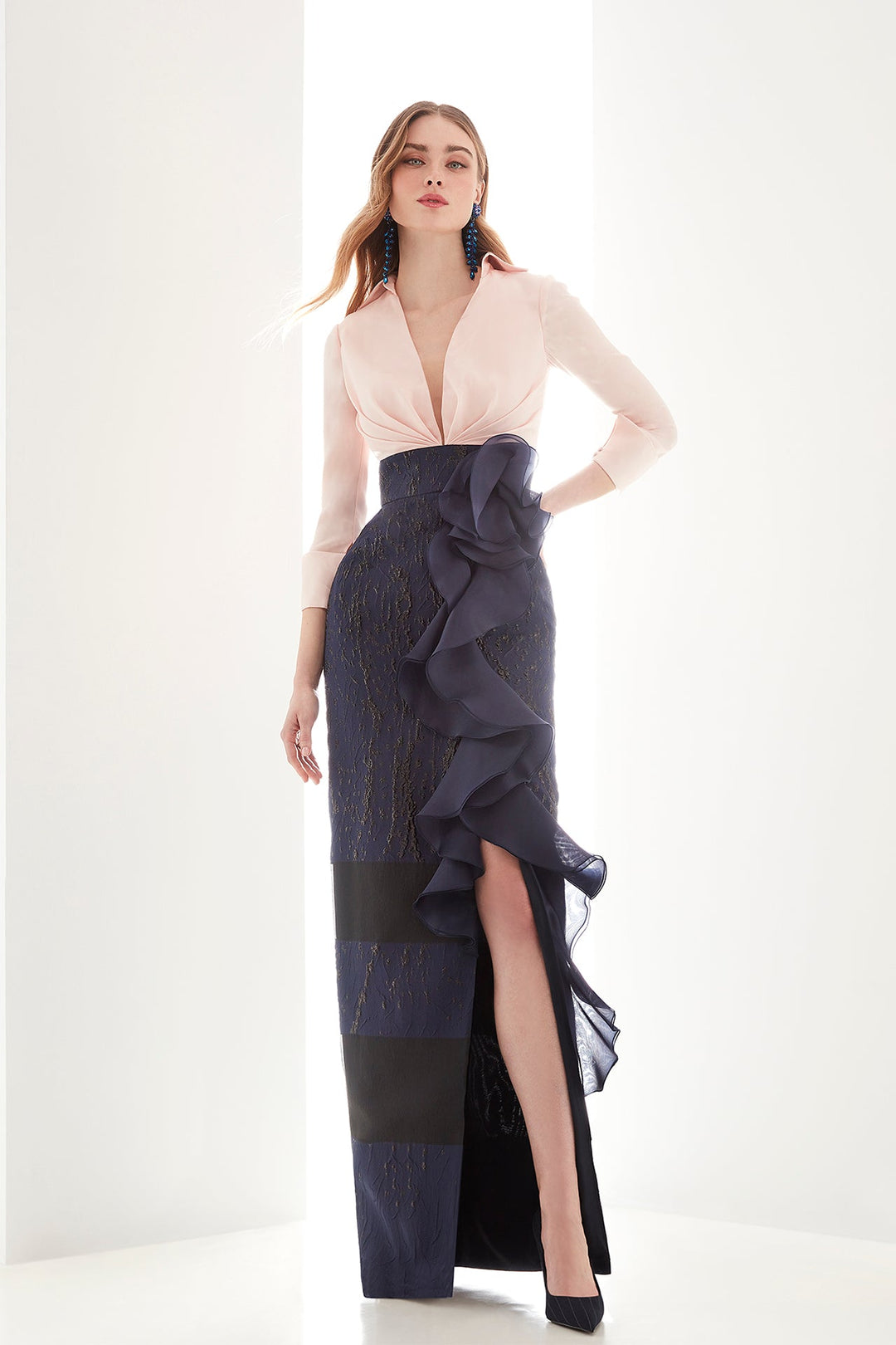 Two-Tone Evening Gown with Ruffles Navy Blue & Light Pink / FR 46 Two-Tone Evening Gown with Ruffles Navy Blue & Light Pink / FR 46