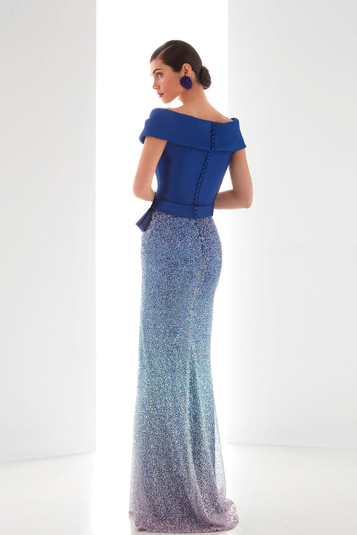 Off-Shoulder Blue Dress with Sequin Skirt