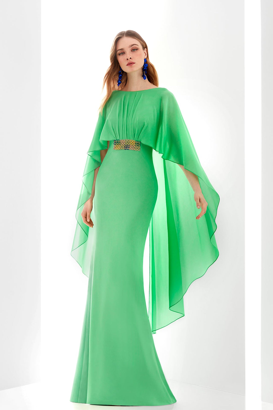 Crepe dress with georgette cape FR 42 / Green Crepe dress with georgette cape FR 42 / Green