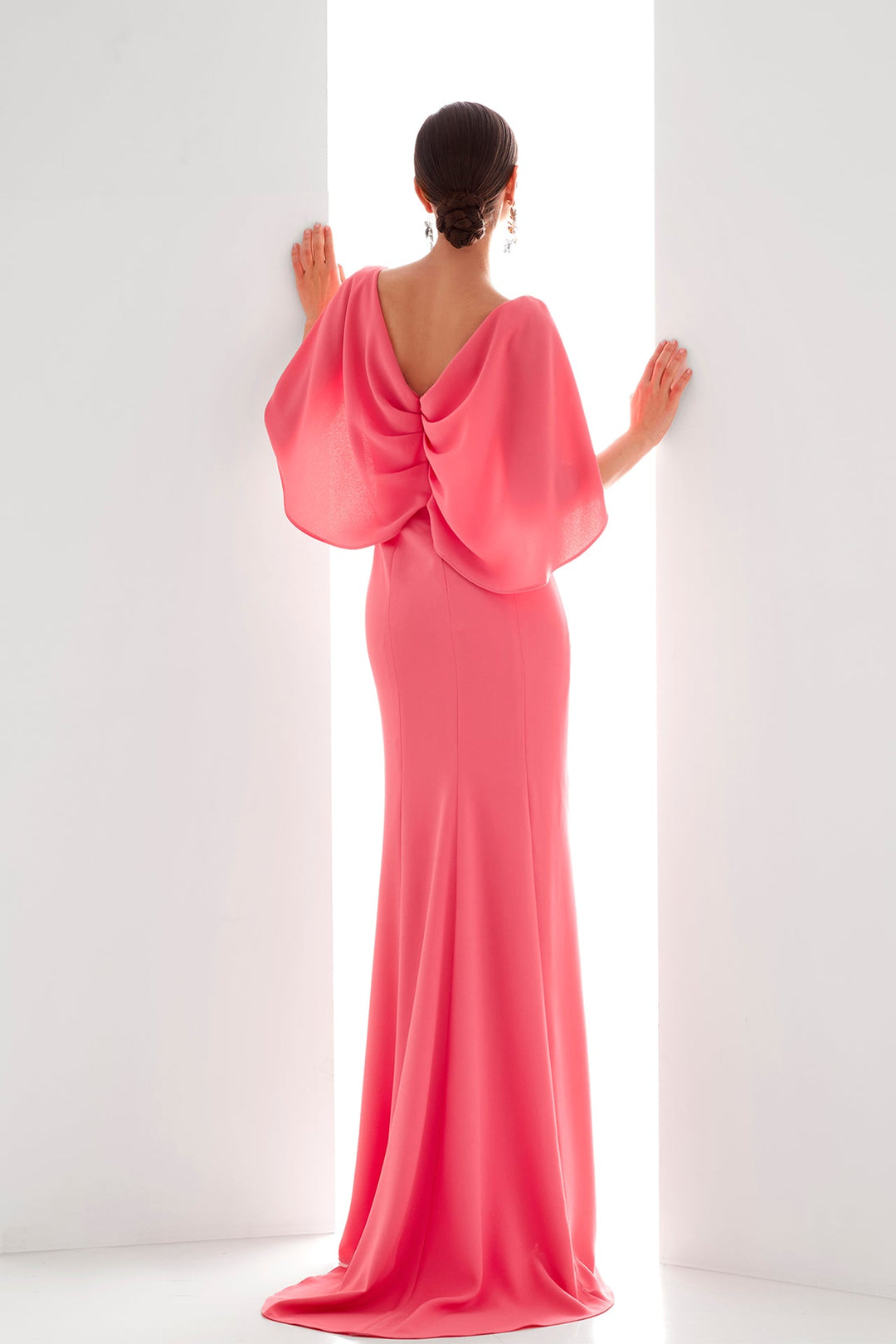 Coral-Pink Crepe Dress with Cape Sleeve