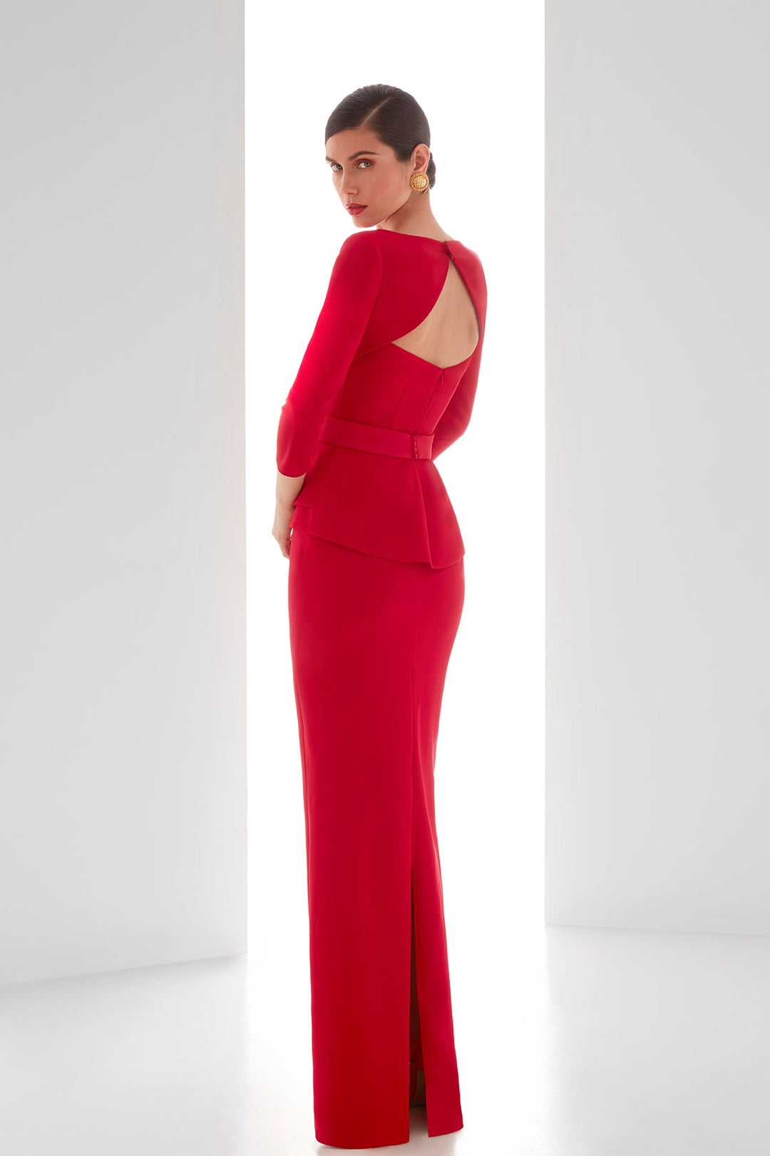 Red Crepe Dress with Asymmetrical Neckline