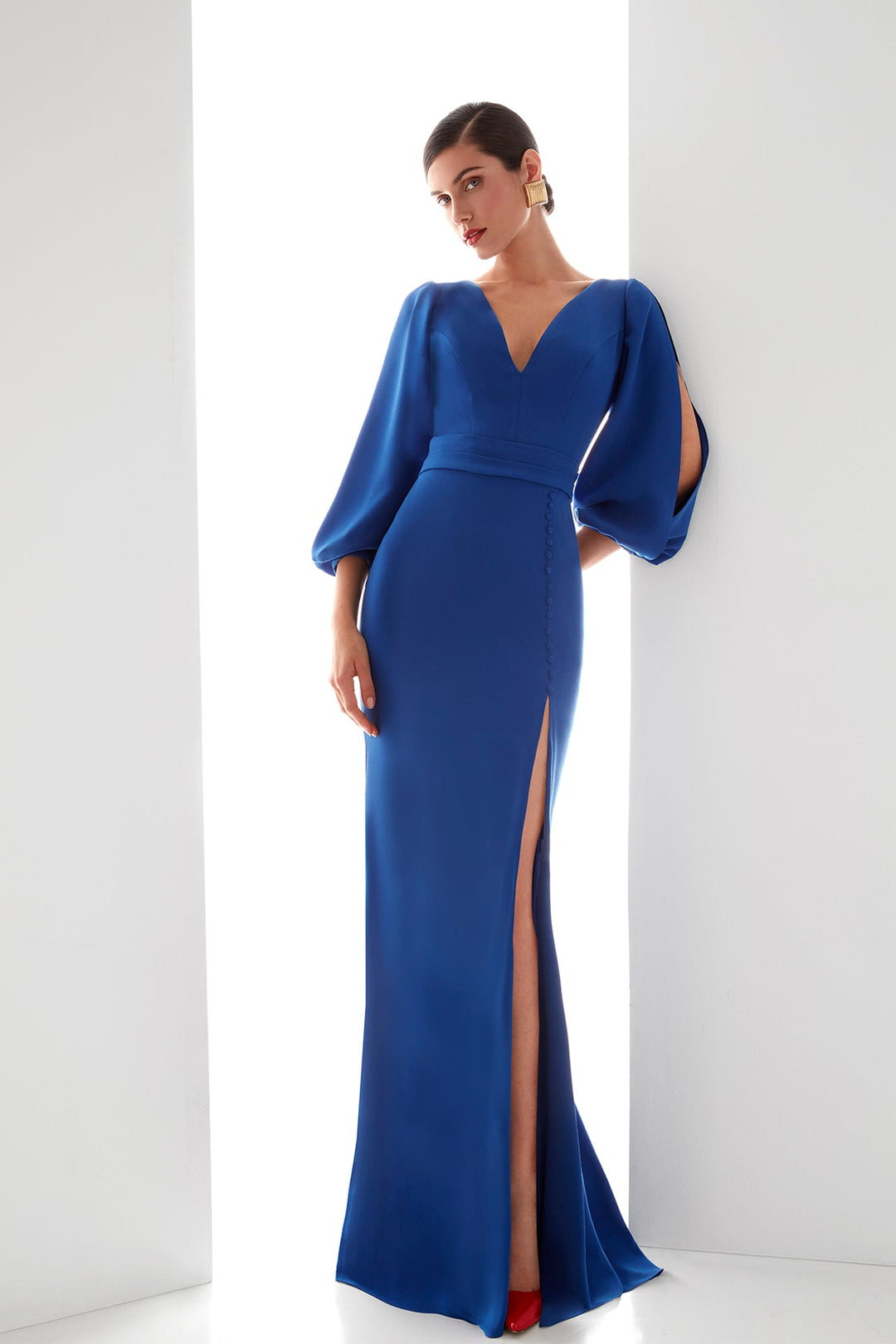 Puff Sleeves High Slit Crepe Dress FR 36 / Blue Puff Sleeves High Slit Crepe Dress FR 36 / Blue