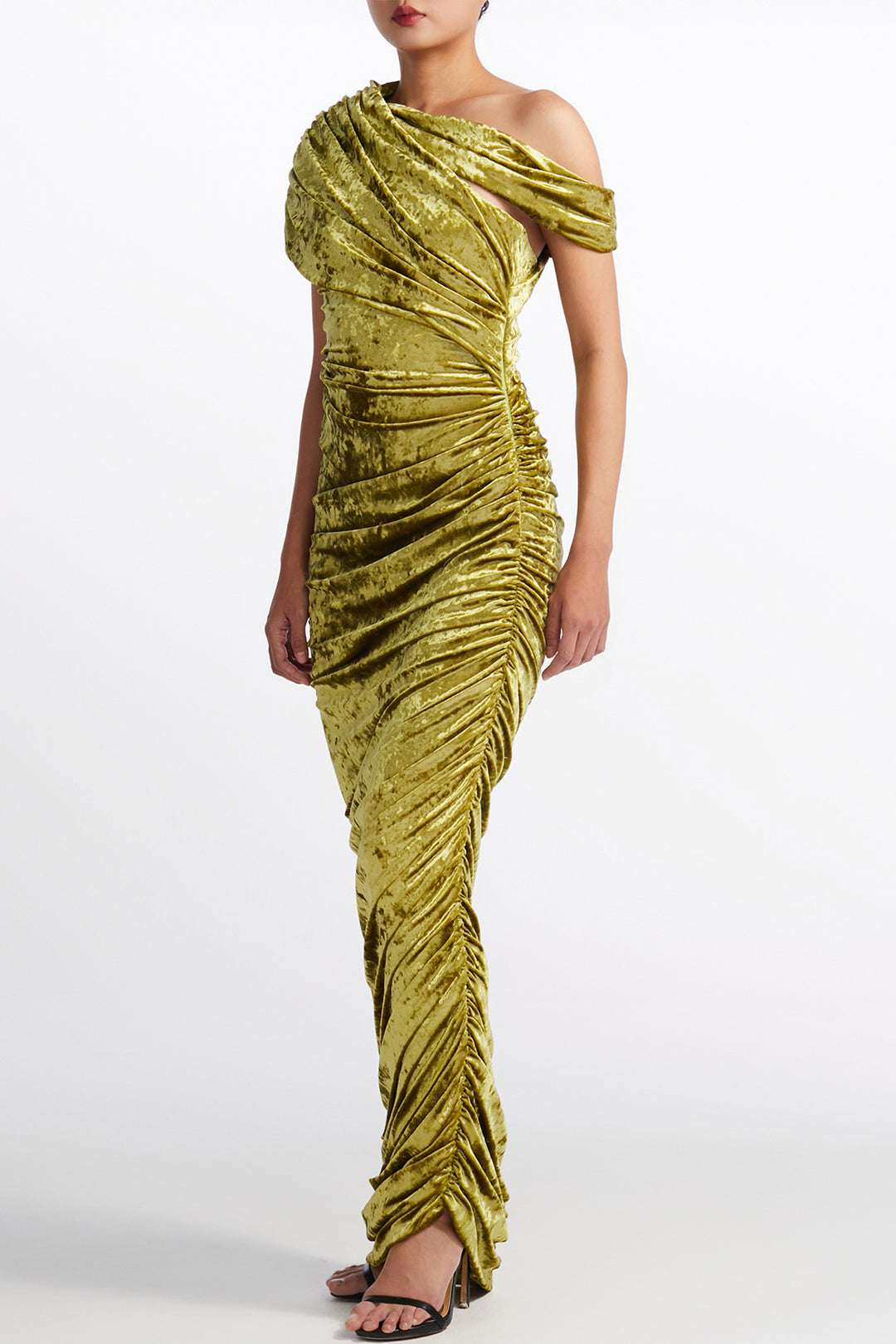 Asymmetric One-Shoulder Ruched Cutout Column Dress