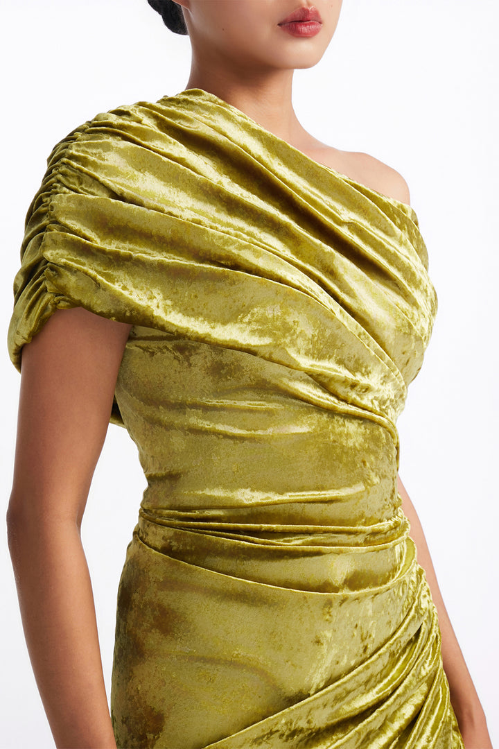 Asymmetric One-Shoulder Ruched Cutout Column Dress