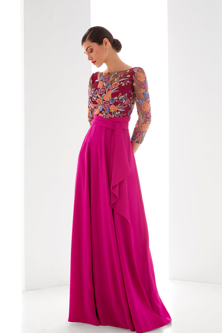 A-Line Dress with Beaded Bodice and Crepe Skirt