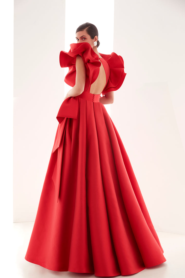 Couture Dress with V-Neckline and Pleated Skirt