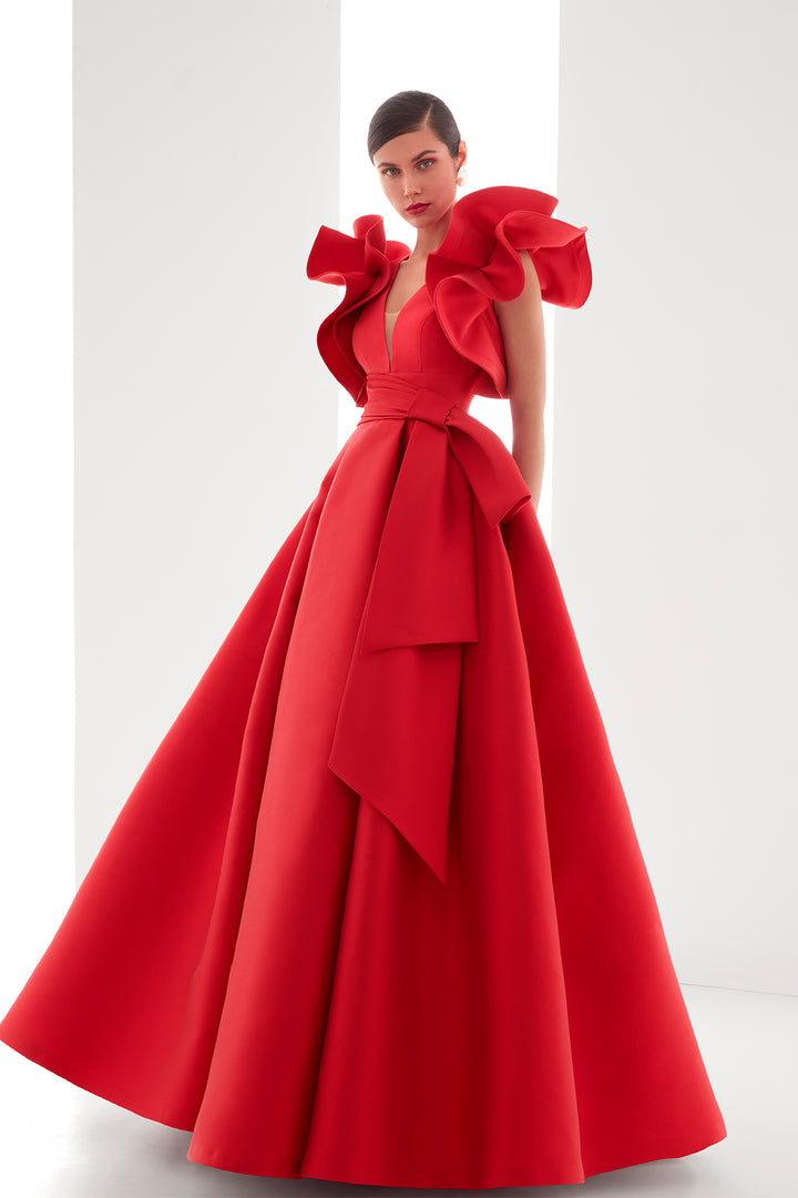 Couture Dress with V-Neckline and Pleated Skirt