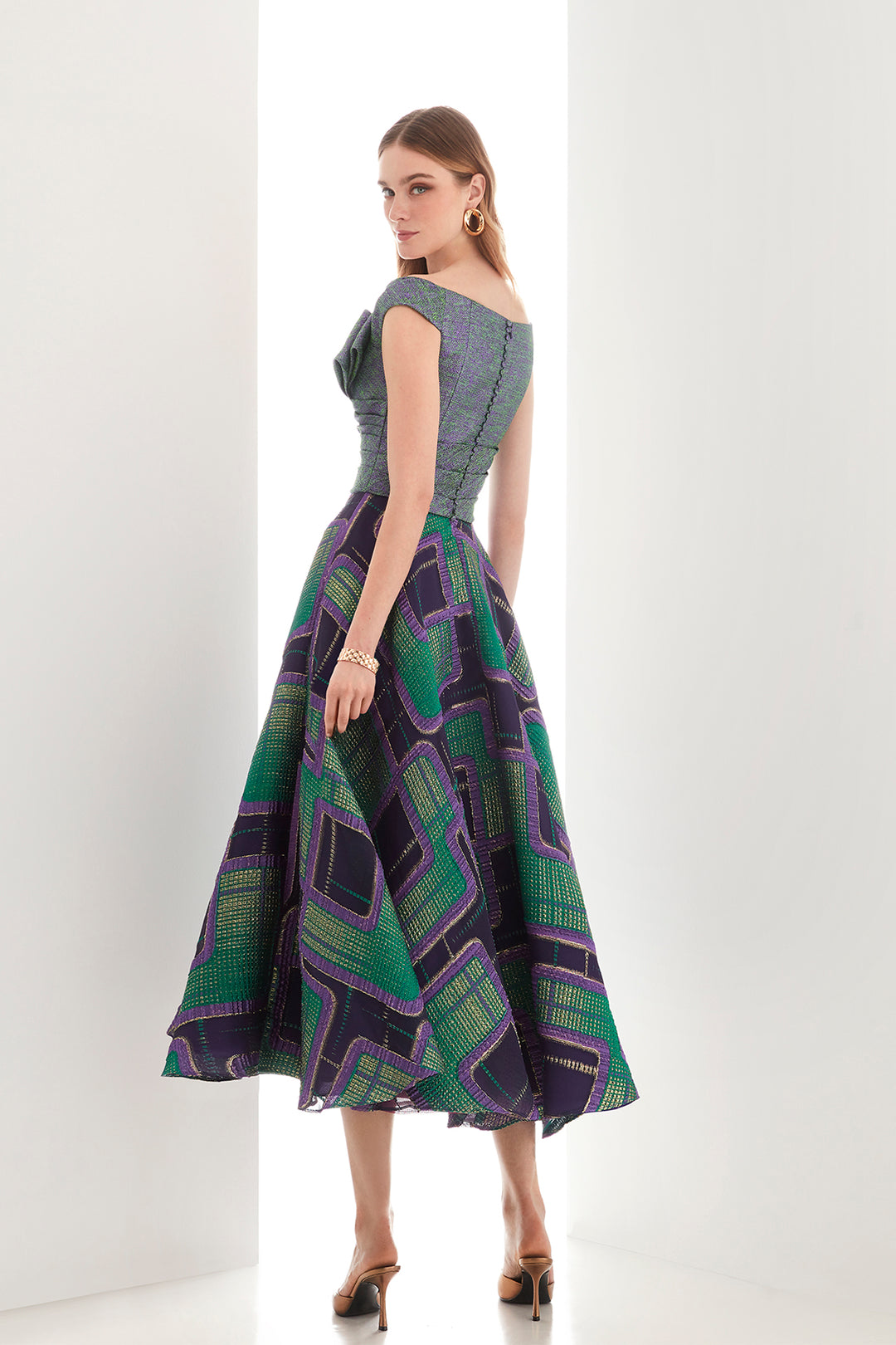 Asymmetrical Bodice A-Line Dress with Printed Lurex