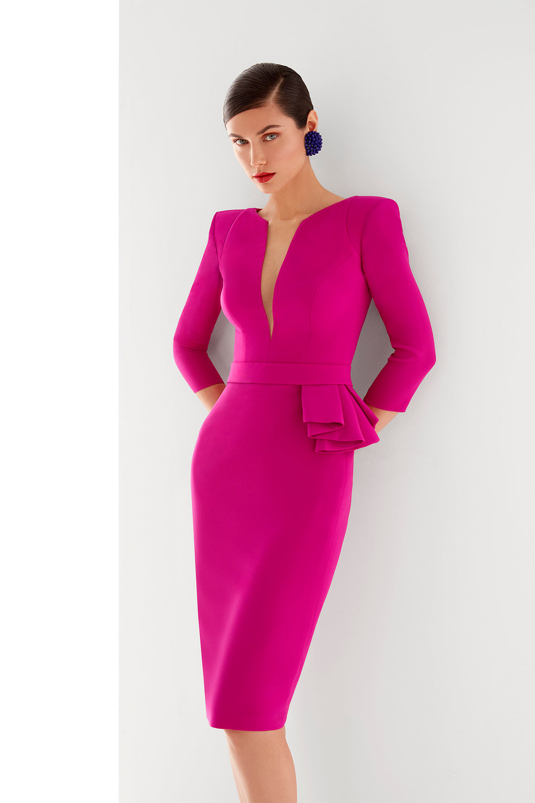 3/4 sleeves short crepe dress Fuchsia / FR 40 3/4 sleeves short crepe dress Fuchsia / FR 40