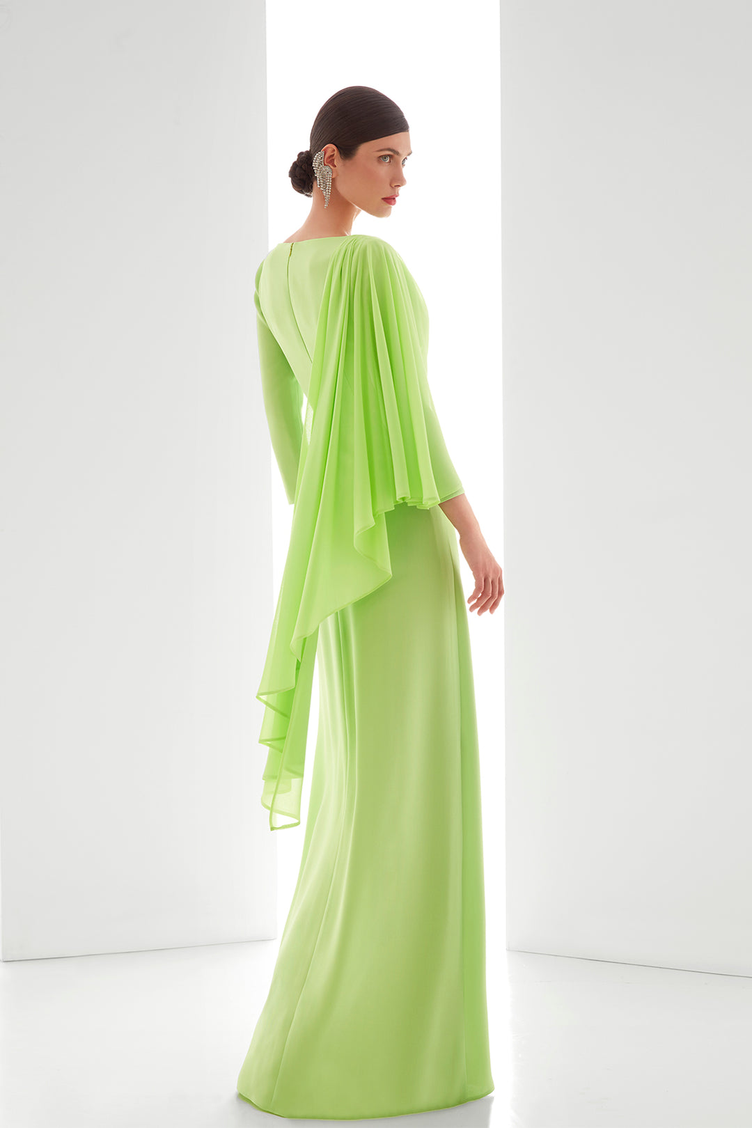 Bateau Neck Long Guest Dress with Crystal Detail