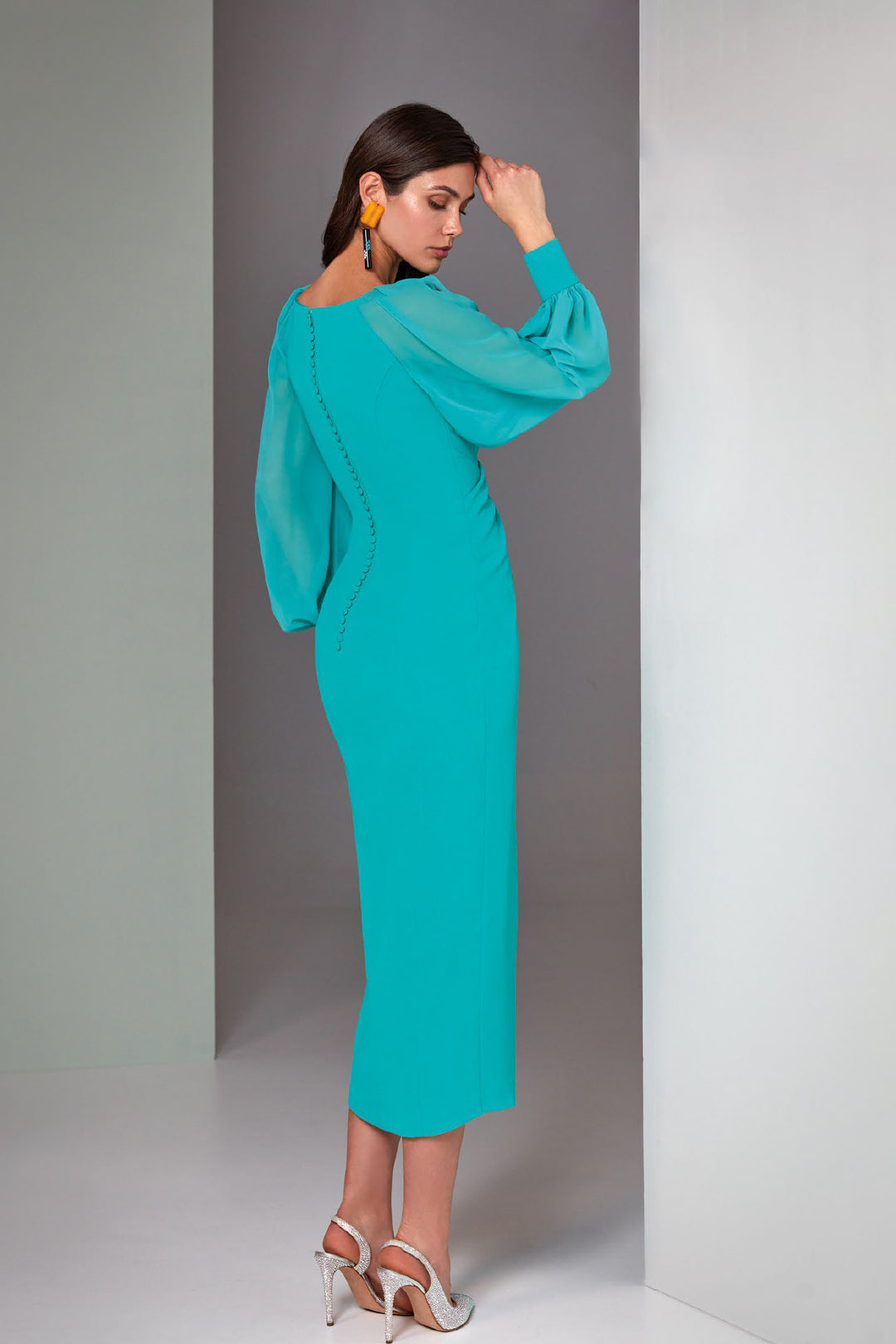 Midi Crepe Dress with Asymmetrical V-Neck