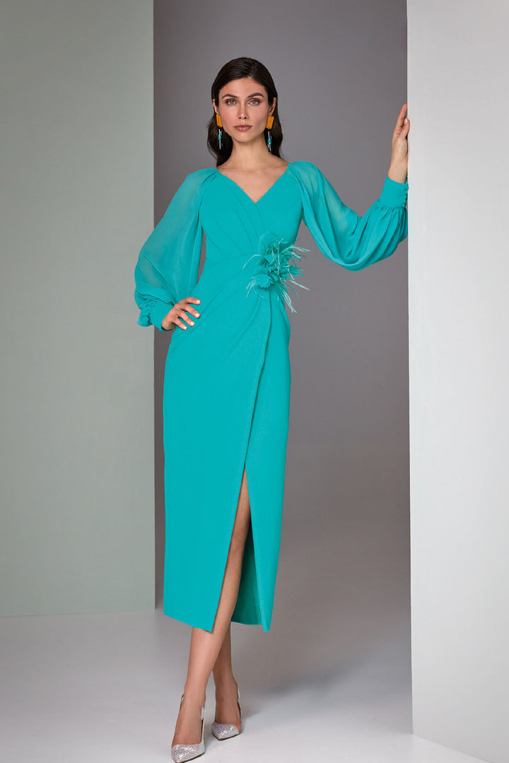 Midi Crepe Dress with Asymmetrical V-Neck