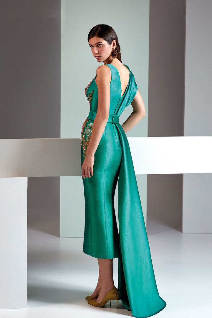 Piqué Dress with V-Neck Crystal Embellishment