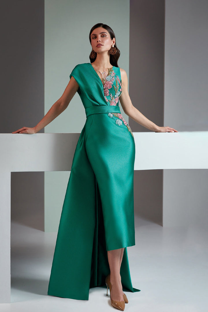 Piqué Dress with V-Neck Crystal Embellishment