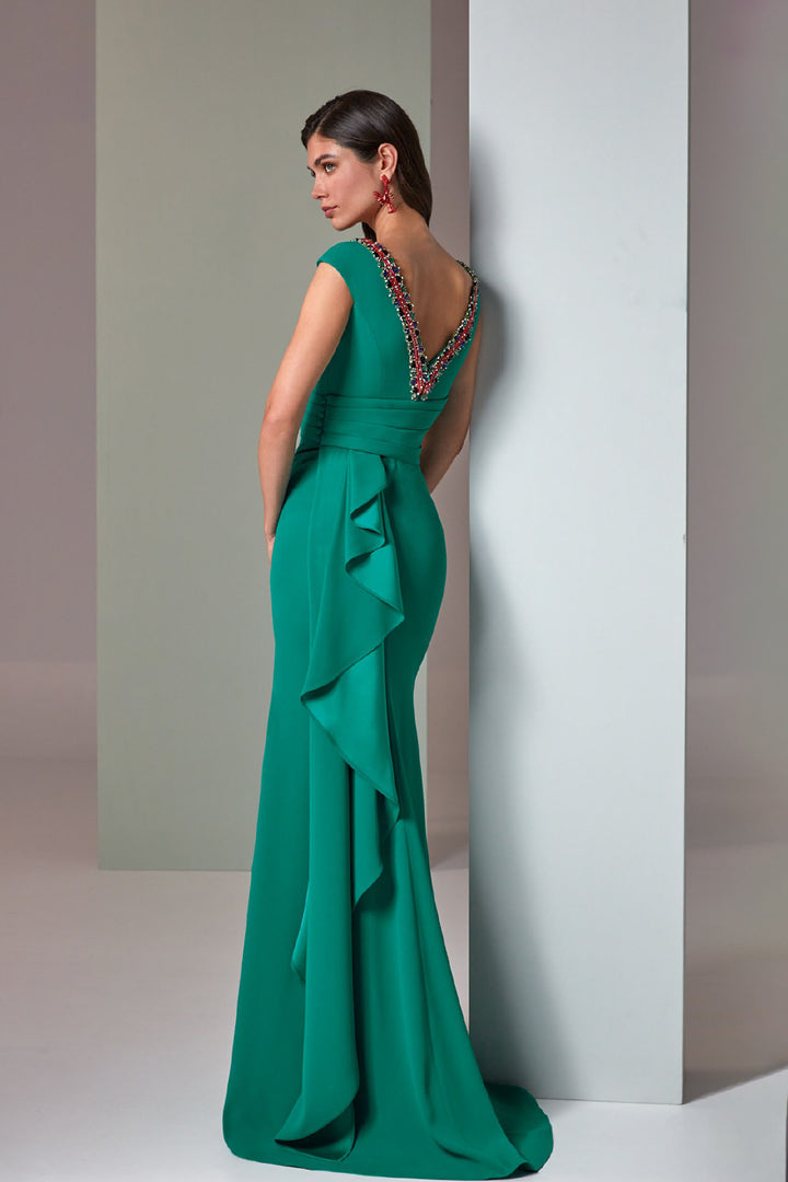 Mermaid Crepe Dress with Bateau Neckline and Crystal Trim