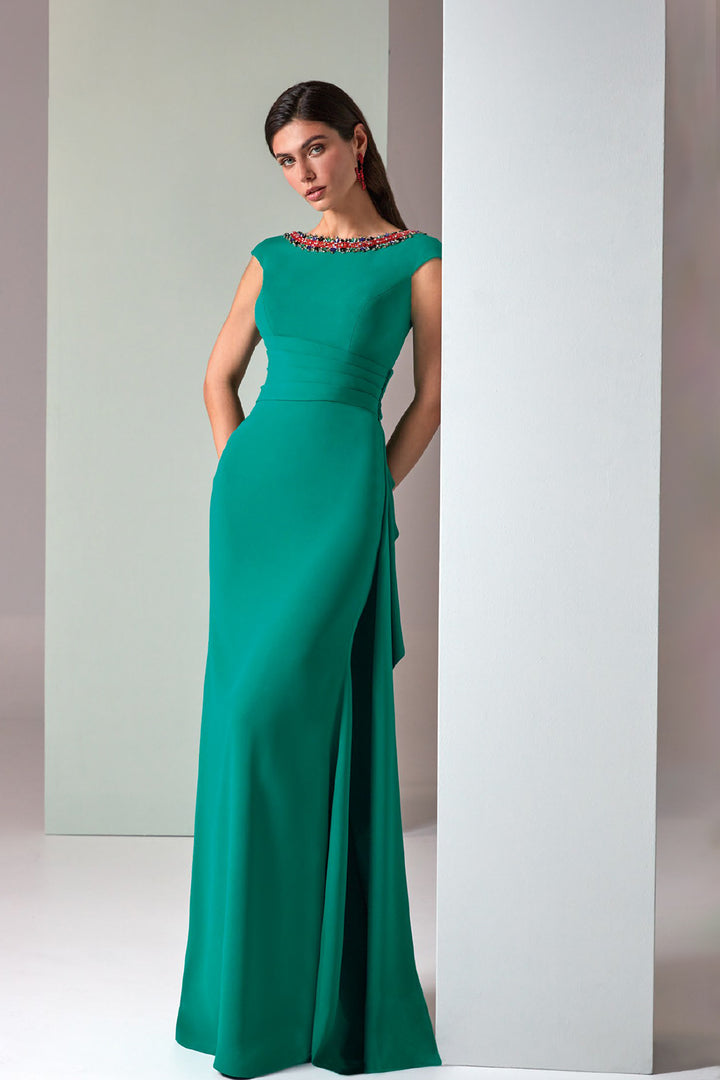 Mermaid Crepe Dress with Bateau Neckline and Crystal Trim