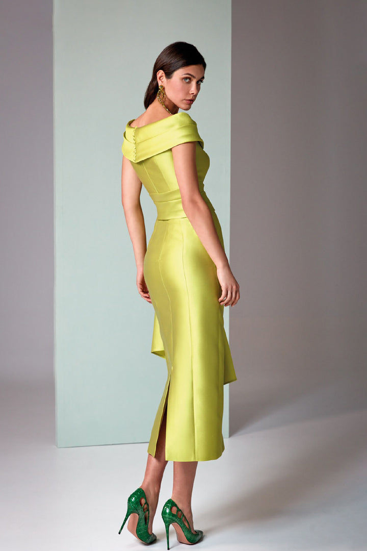 Midi Piqué Dress with Wrapped Pleated Collar