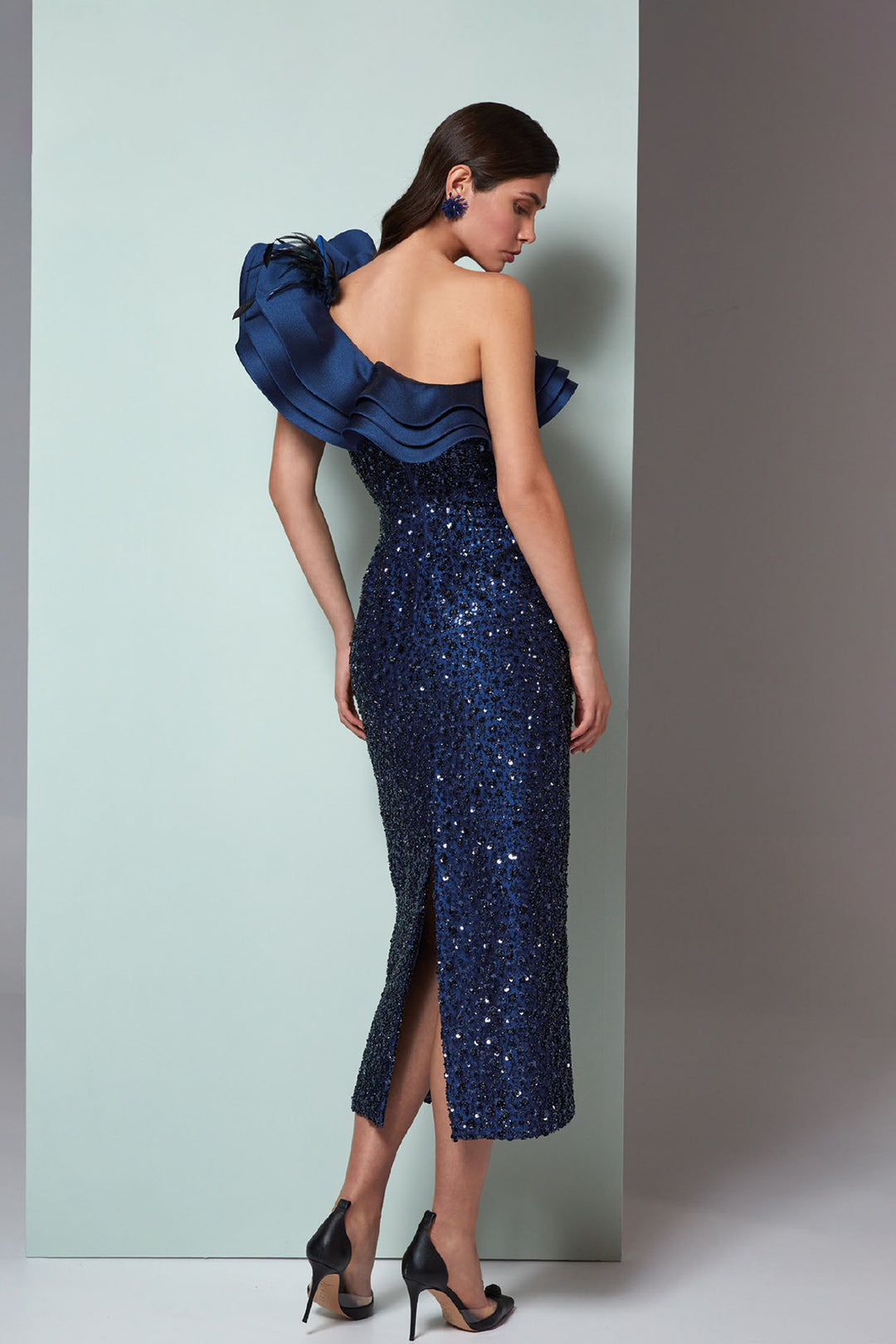 Midi Dress Crystal One-Shoulder Neckline