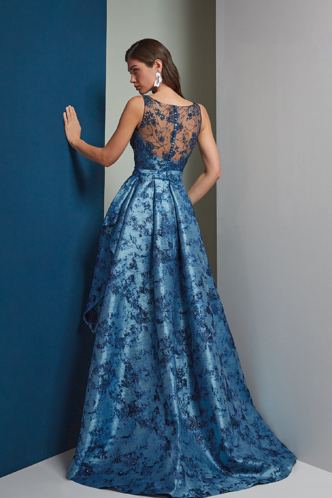 Embroidered Bodice Dress and Layered Floral Jacquard