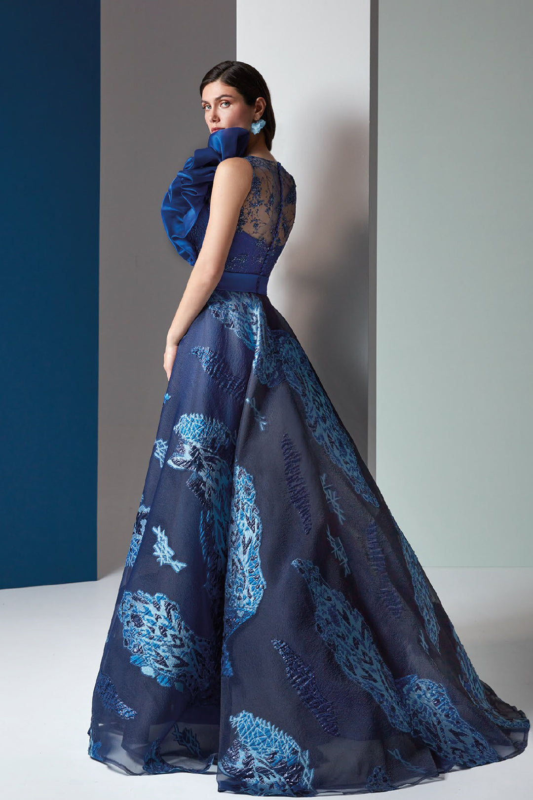 Embroidered Bodice and Layered Floral Jacquard Dress