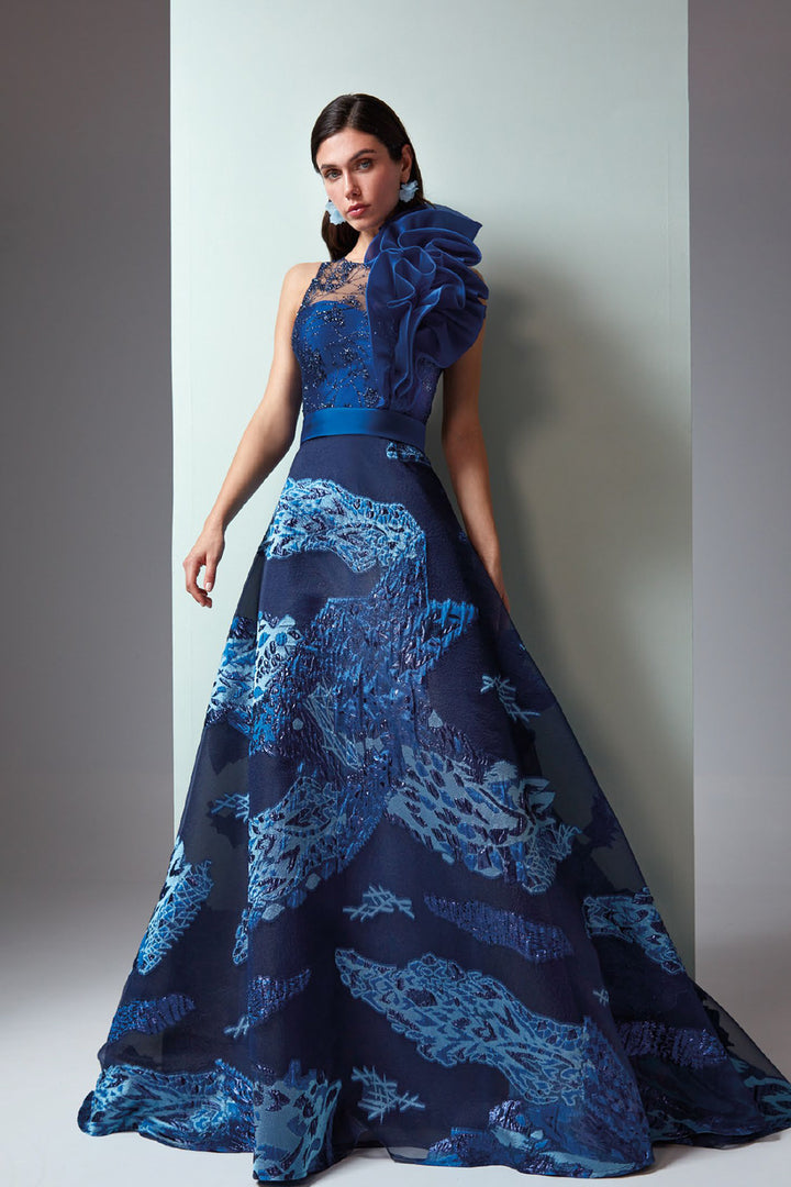 Embroidered Bodice and Layered Floral Jacquard Dress