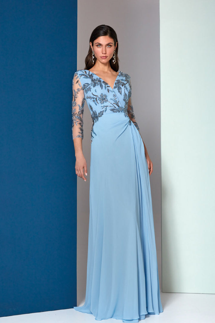 Crystal-Embroidered Tulle Bodice and A-Line Chiffon Dress