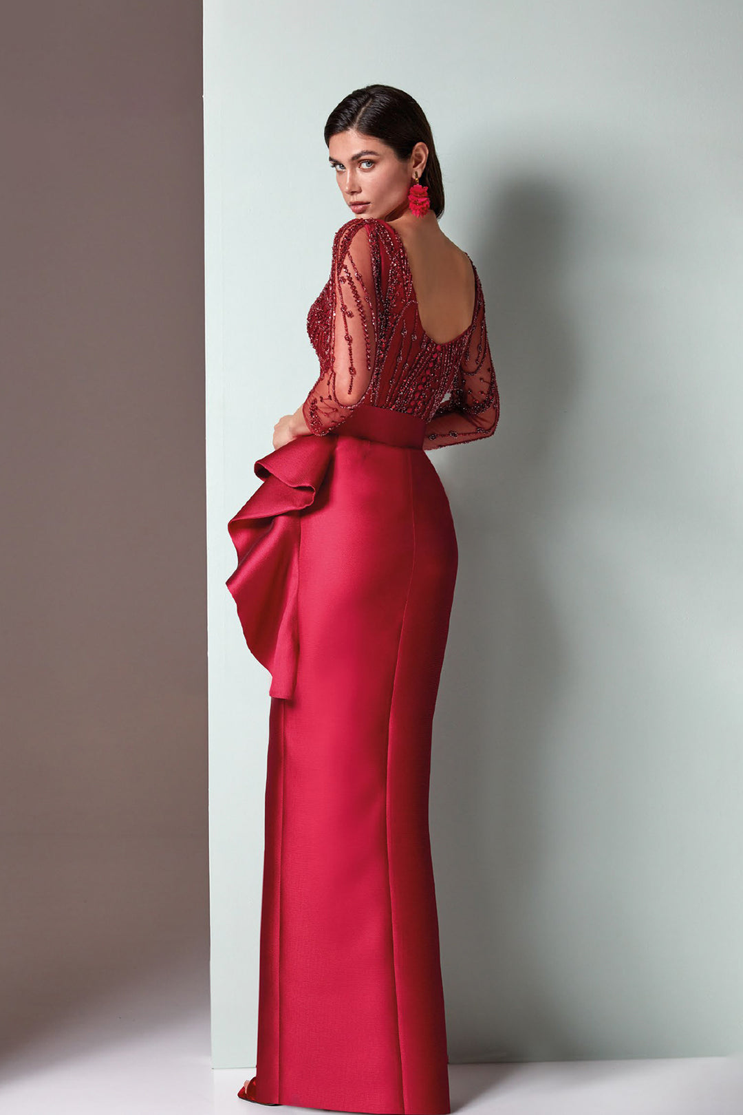 Long Column Dress with Beaded Tulle Bodice