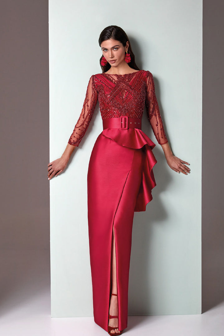 Long Column Dress with Beaded Tulle Bodice