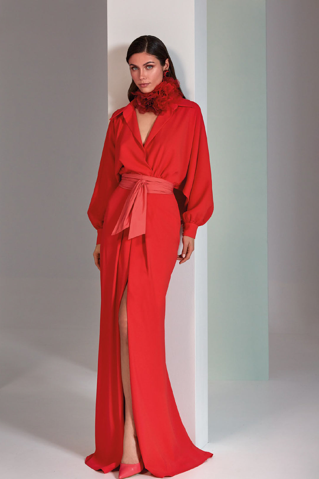 red long sleeve two piece dress Dark Red V-Neck Long Sleeve Two-Piece Set Mahogany Plum / XL