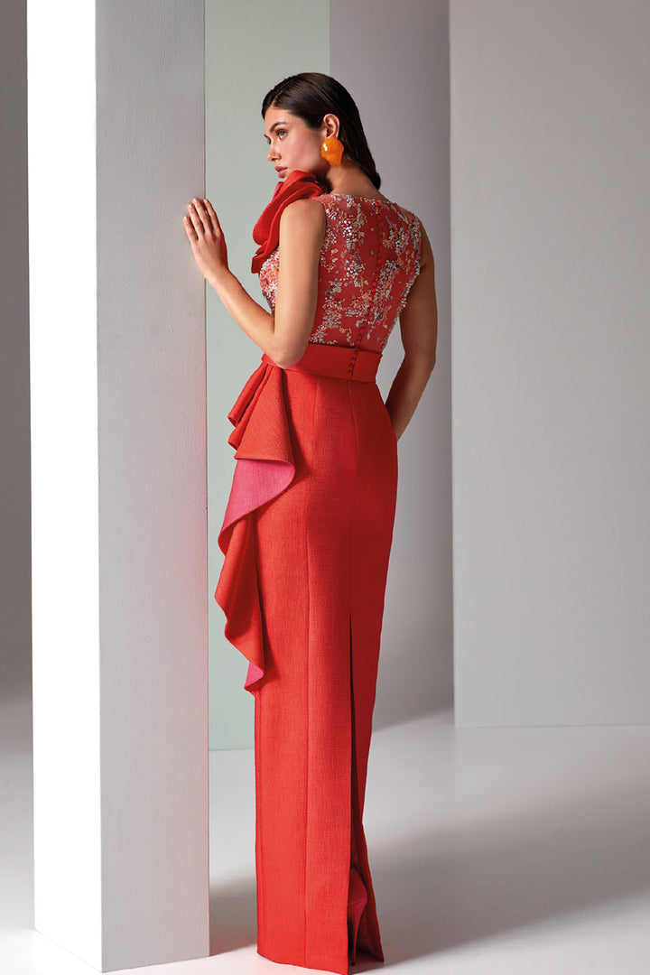 Mermaid Dress with Crystal Bodice and Floral Ruffle