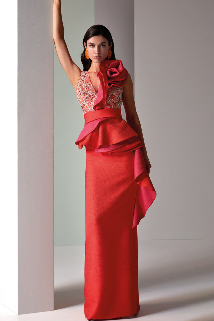 Mermaid Dress with Crystal Bodice and Floral Ruffle