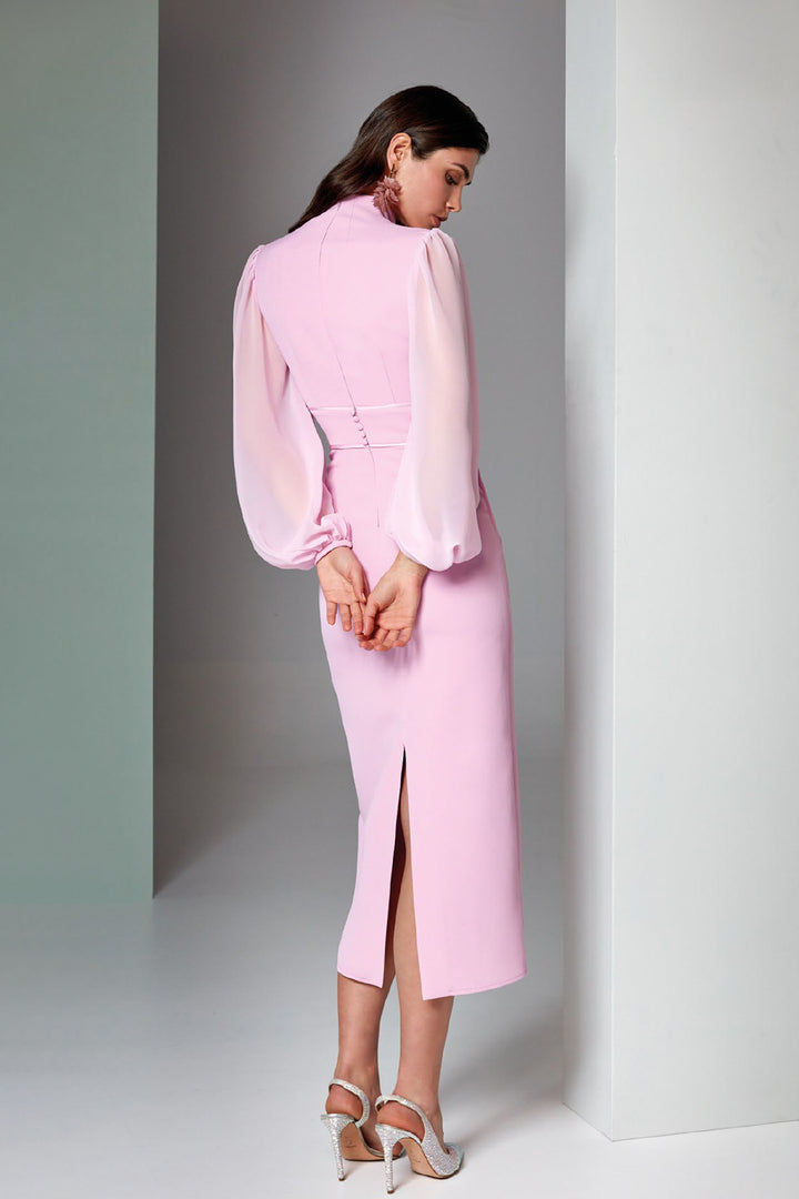 Midi Dress Draped Chimney Neckline and Puff Sleeves