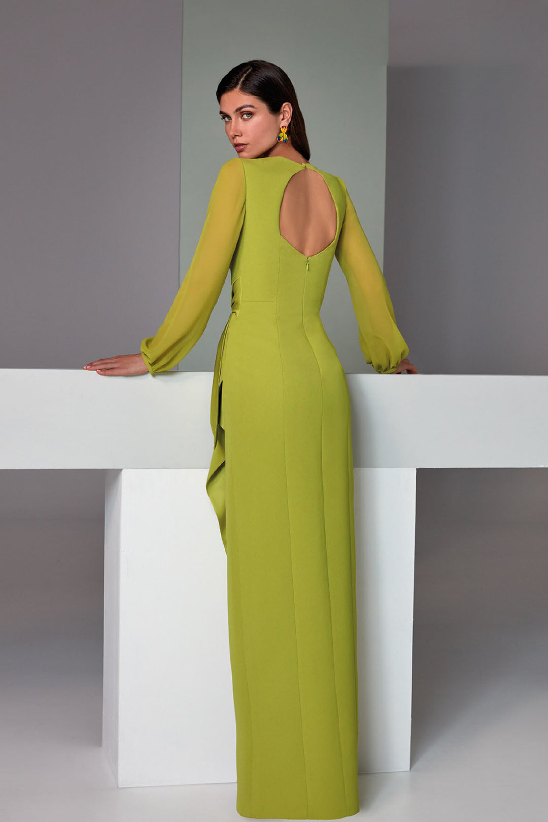 Long Dress with Bateau Neckline and Draped Sash
