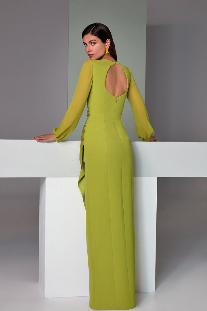 Long Dress with Bateau Neckline and Draped Sash